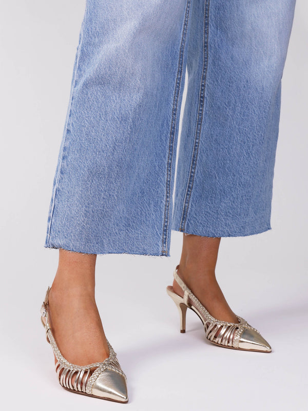 Nuri Gold Leather Plaited Cage Heel Sling Backs