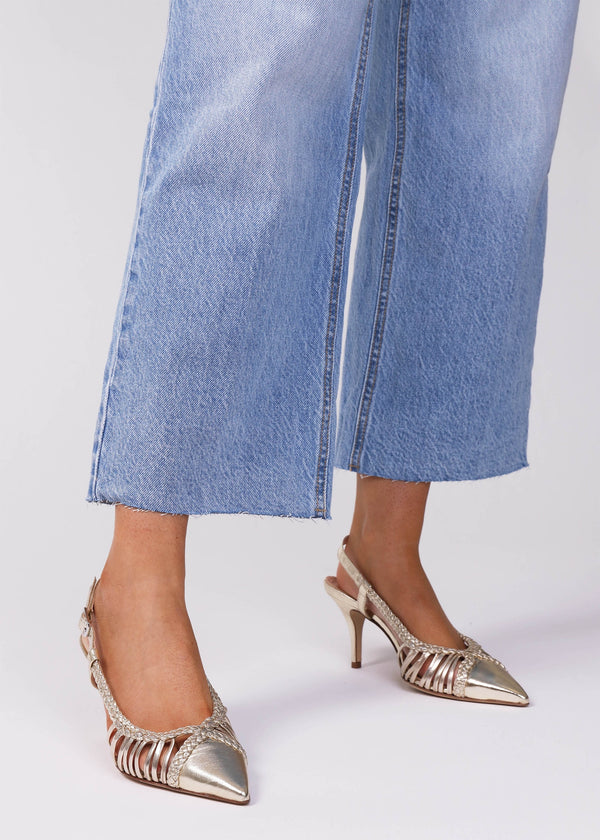 Nuri Gold Leather Plaited Cage Heel Sling Backs