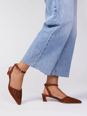 Nelia Tan Suede Plaited Cage Kitten Heel Ankle Strap Court Shoes