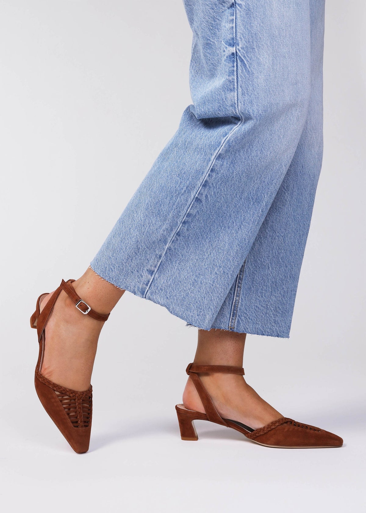 Nelia Tan Suede Plaited Cage Kitten Heel Ankle Strap Court Shoes