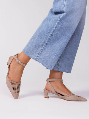 Nelia Beige Suede Plaited Cage Kitten Heel Ankle Strap Court Shoe