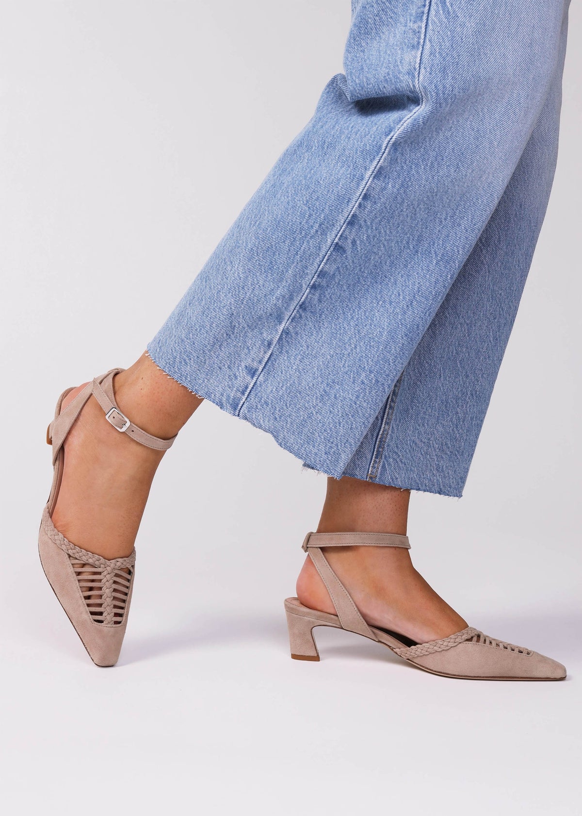 Nelia Beige Suede Plaited Cage Kitten Heel Ankle Strap Court Shoe