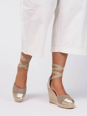 Kendall Beige Textile Gold Leather Toe Cap Wedge Espadrilles