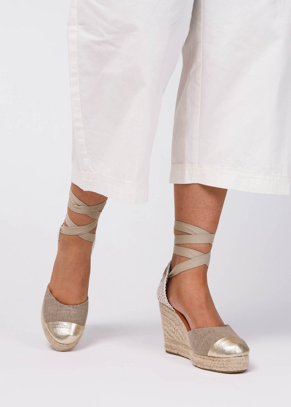 Kendall Beige Textile Gold Leather Toe Cap Wedge Espadrilles