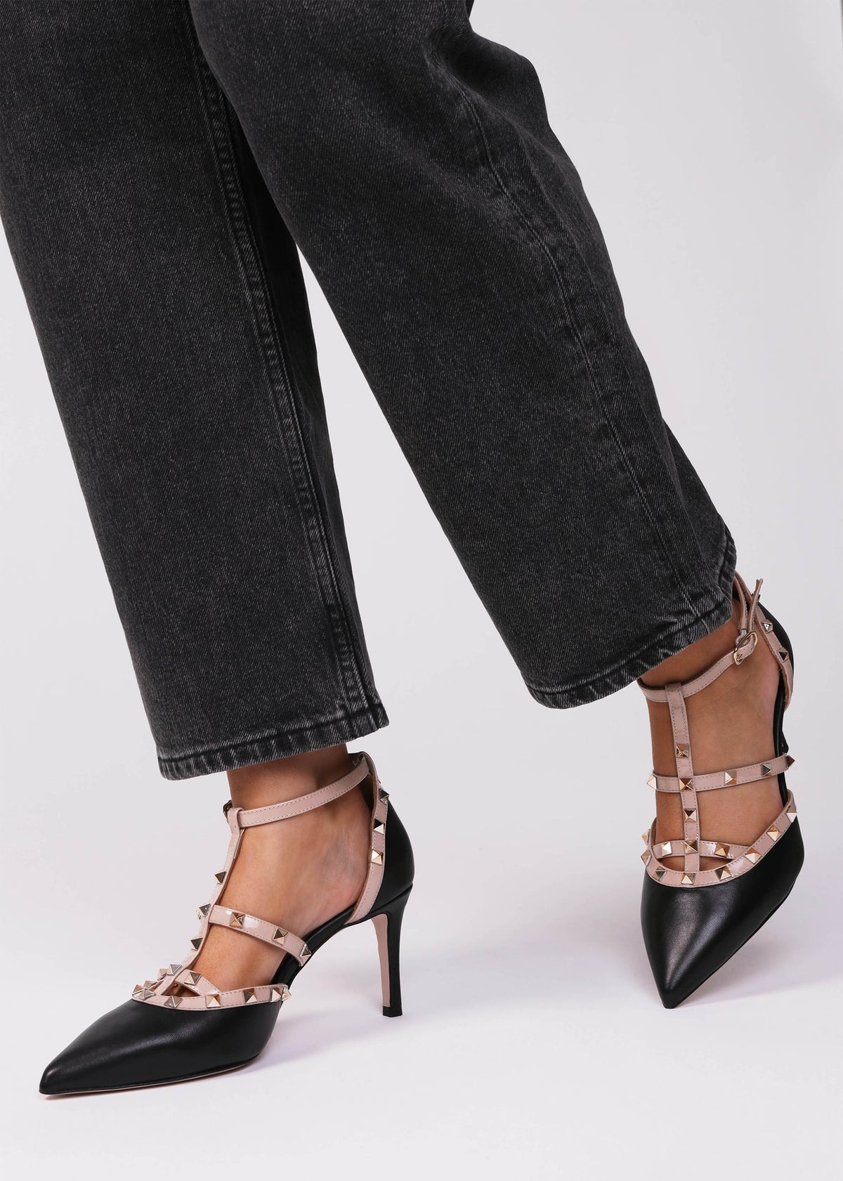Poltiff Black & Beige Leather Studded T-Bar Court Shoes