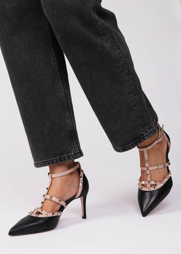 Poltiff Black & Beige Leather Studded T-Bar Court Shoes
