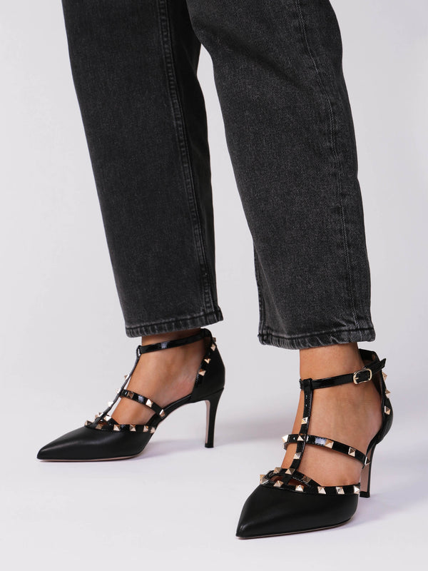 Poltiff Black Leather Studded T-Bar Court Shoes