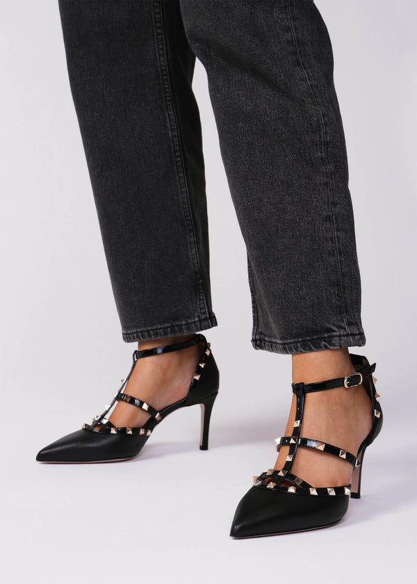 Poltiff Black Leather Studded T-Bar Court Shoes