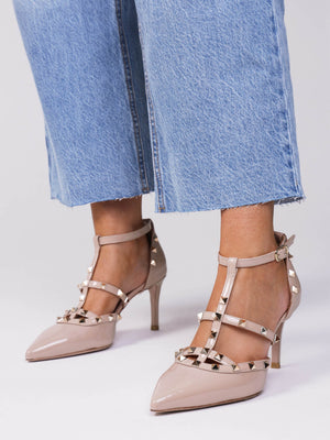 Poltiff Nude Patent Leather Studded T-Bar Court Shoes