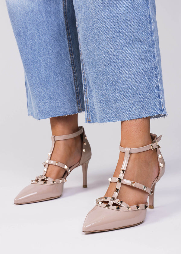Poltiff Nude Patent Leather Studded T-Bar Court Shoes