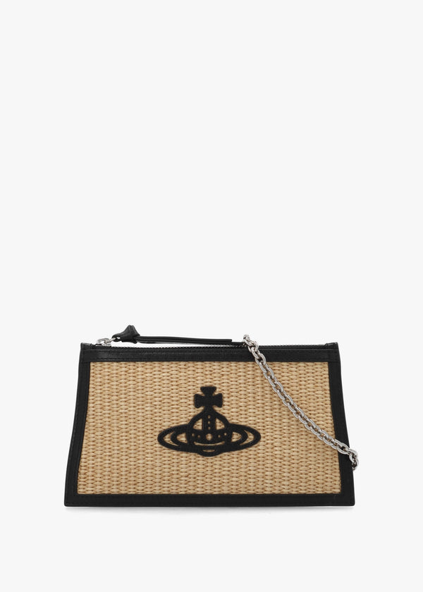 Small Flat Natural Raffia Leather Trim Clutch Bag
