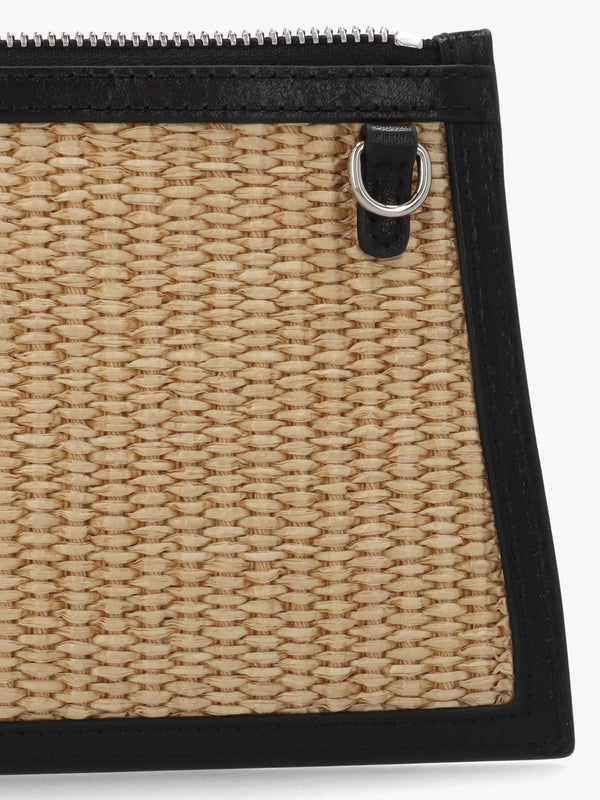 Small Flat Natural Raffia Leather Trim Clutch Bag