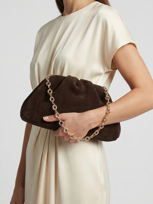 Inrouche Brown Suede Ruched Clutch Bag