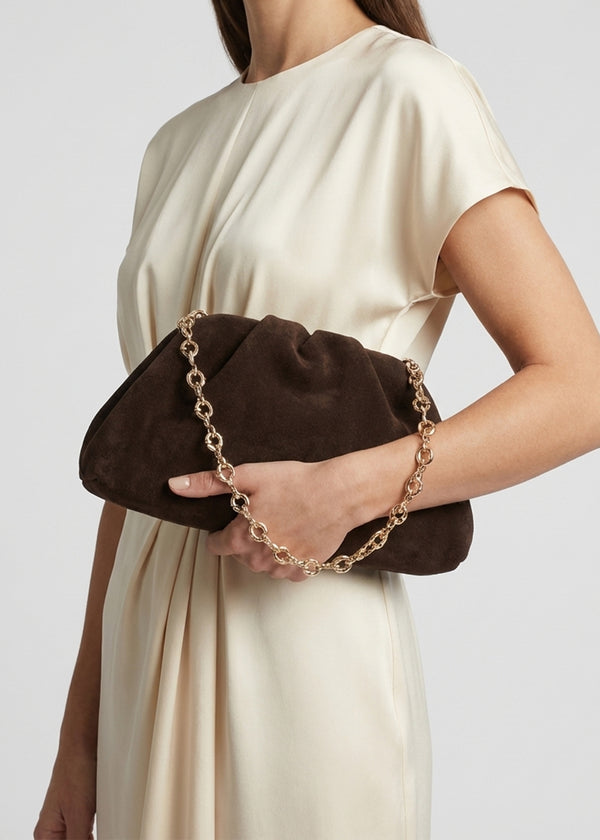 Inrouche Brown Suede Ruched Clutch Bag
