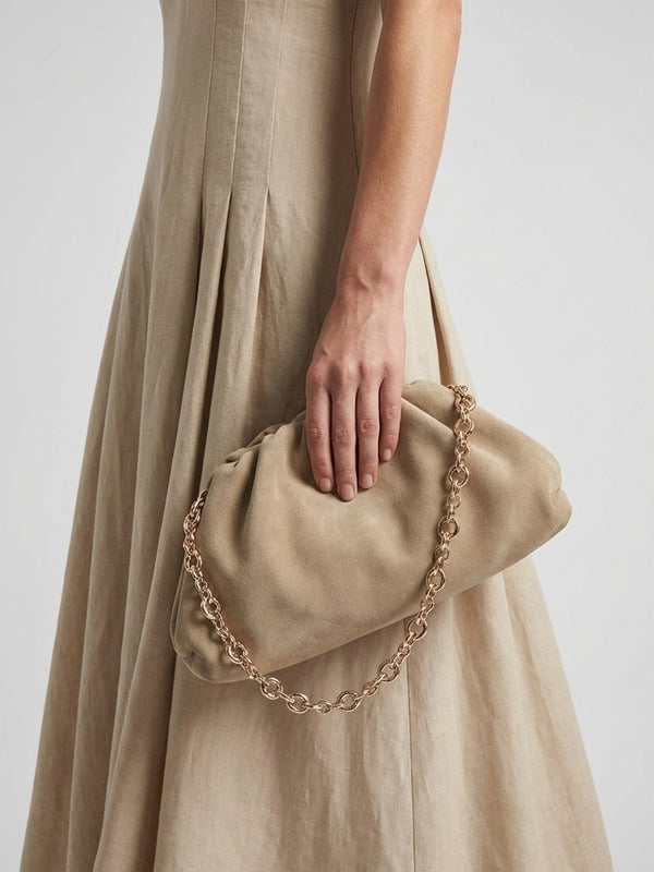Inrouche Beige Suede Ruched Clutch Bag