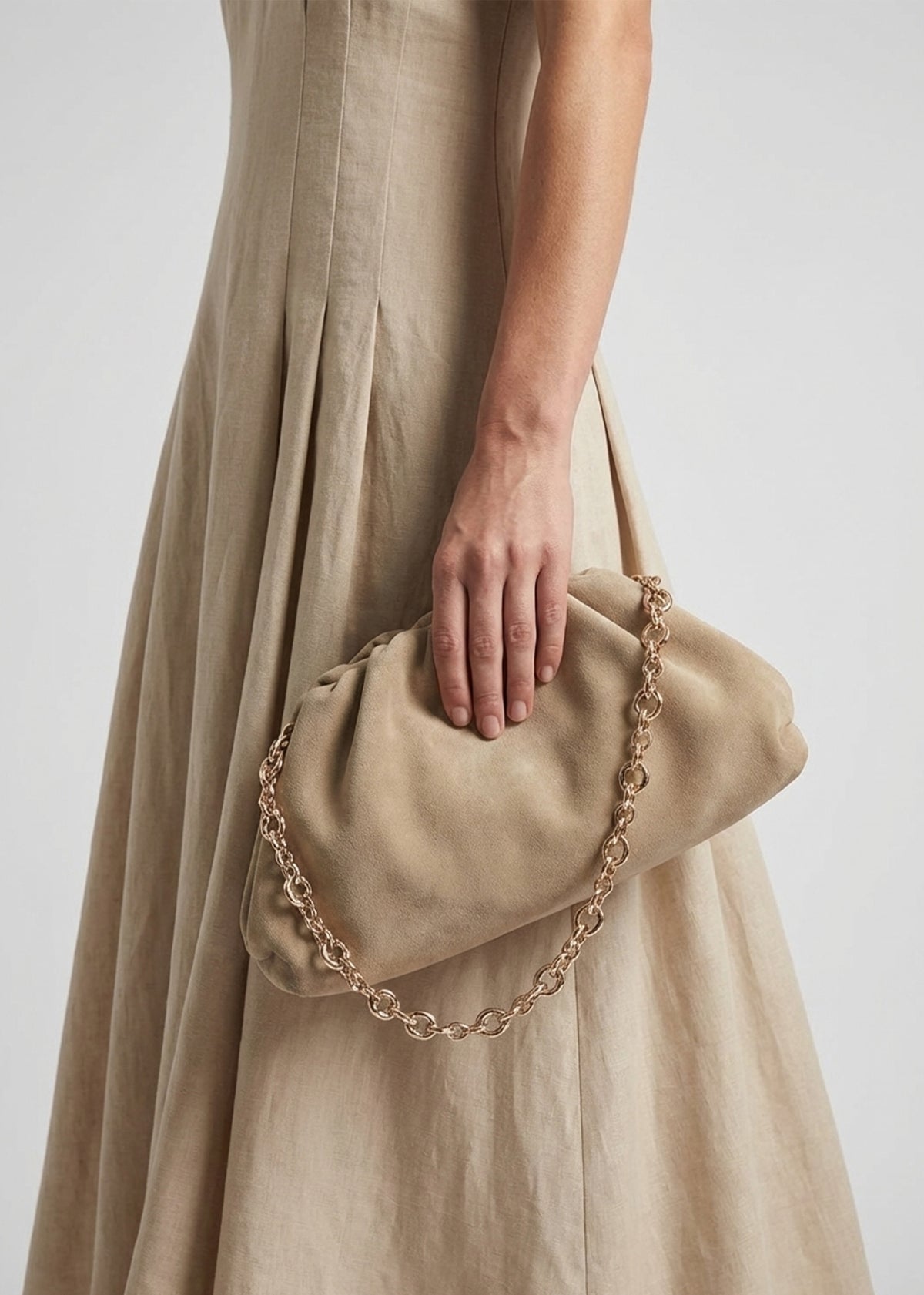 Inrouche Beige Suede Ruched Clutch Bag