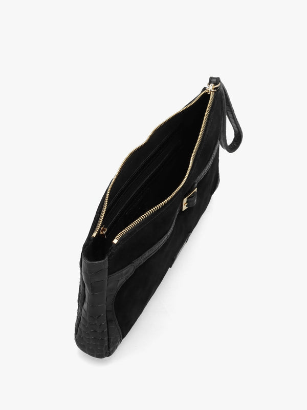 Chorlton Black Suede Moc Croc Clutch Bag