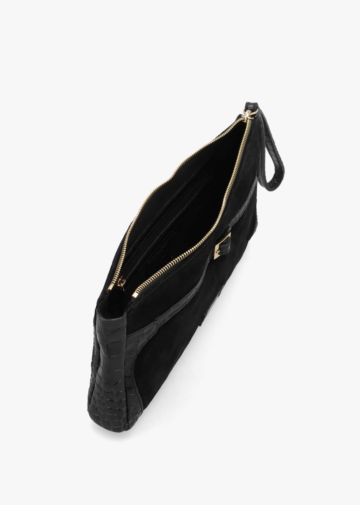 Chorlton Black Suede Moc Croc Clutch Bag