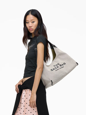 The Leather Trim Canvas Belted Ivory Black Sack Bag