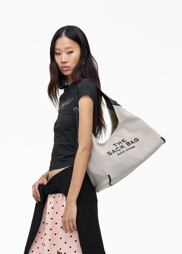The Leather Trim Canvas Belted Ivory Black Sack Bag