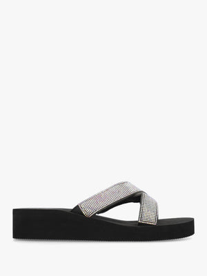 Black Multi Diamante Embellished Cross Strap Low Wedge Flip Flops