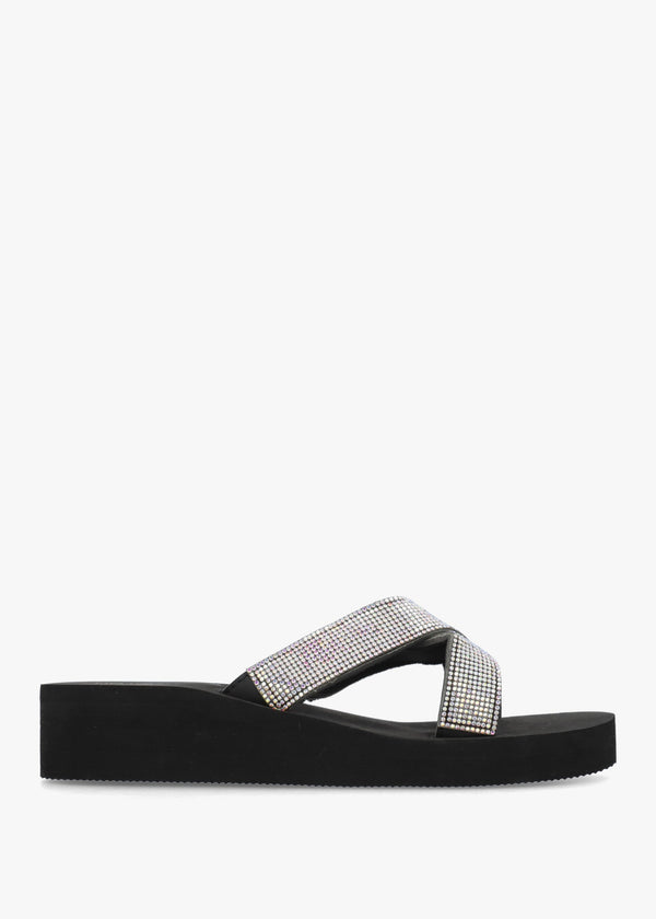 Black Multi Diamante Embellished Cross Strap Low Wedge Flip Flops