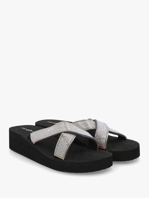 Black Multi Diamante Embellished Cross Strap Low Wedge Flip Flops