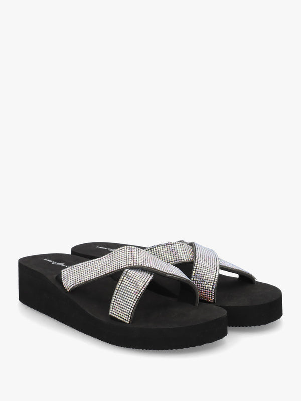 Black Multi Diamante Embellished Cross Strap Low Wedge Flip Flops
