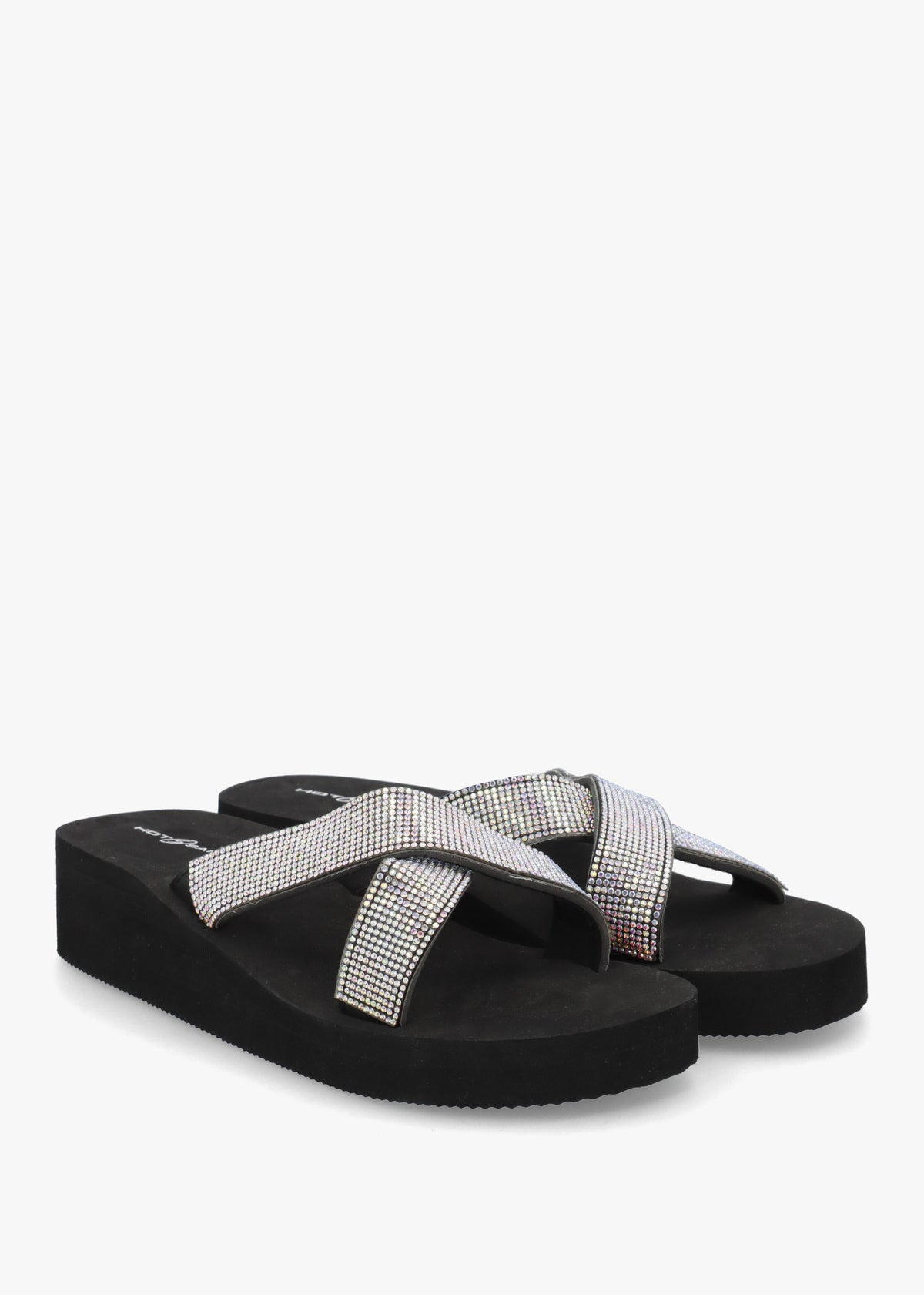 Black Multi Diamante Embellished Cross Strap Low Wedge Flip Flops