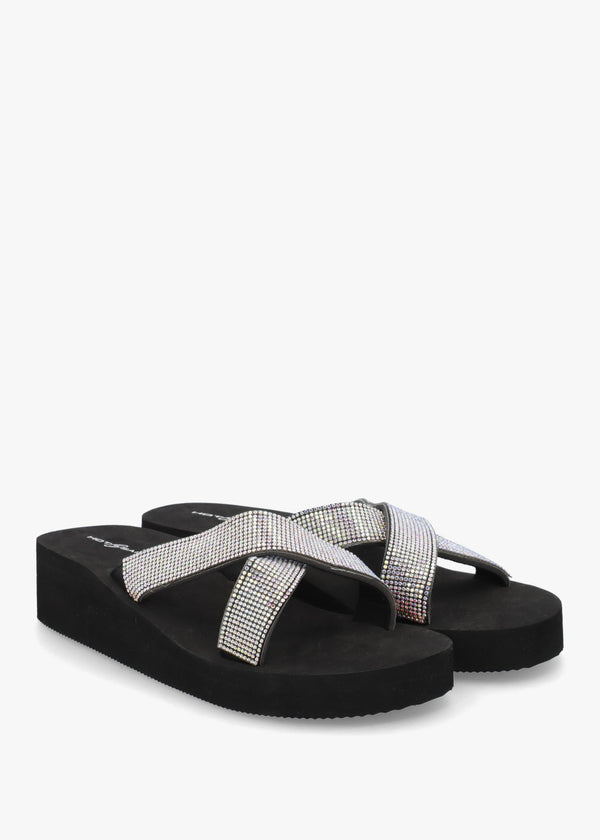 Black Multi Diamante Embellished Cross Strap Low Wedge Flip Flops