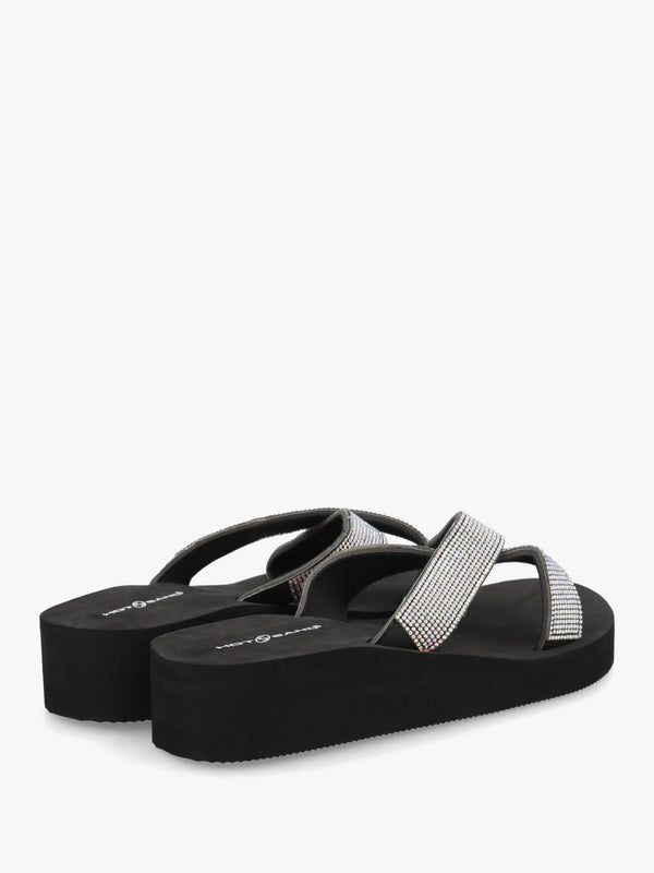 Black Multi Diamante Embellished Cross Strap Low Wedge Flip Flops