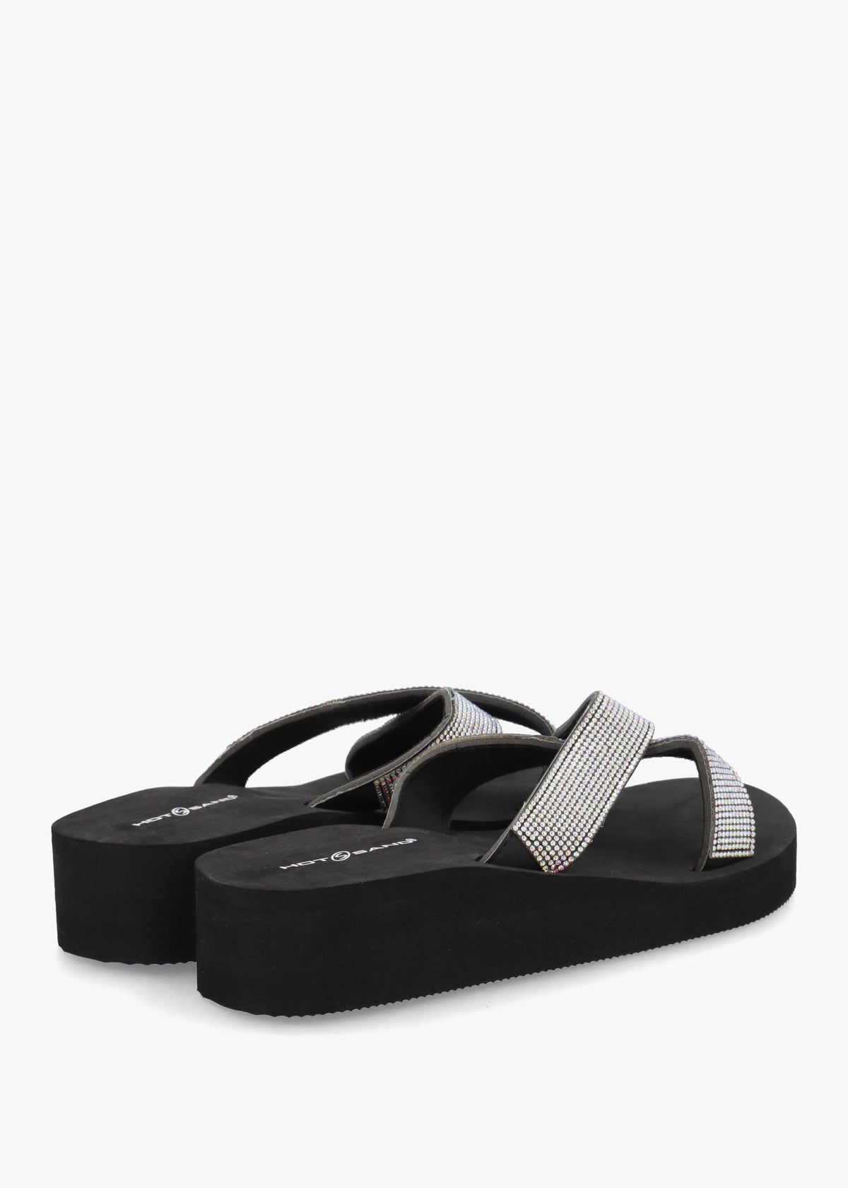 Black Multi Diamante Embellished Cross Strap Low Wedge Flip Flops