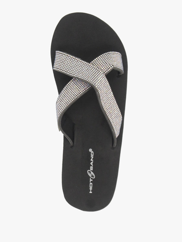 Black Multi Diamante Embellished Cross Strap Low Wedge Flip Flops