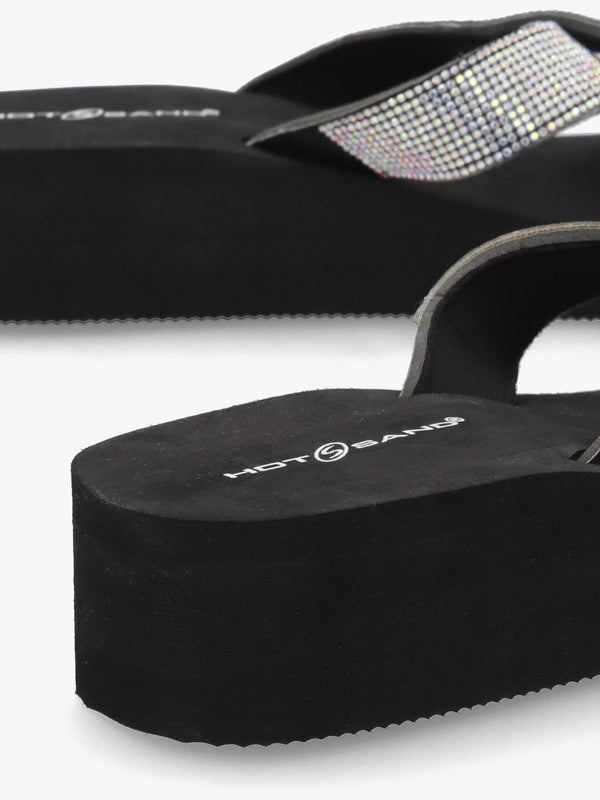 Black Multi Diamante Embellished Cross Strap Low Wedge Flip Flops