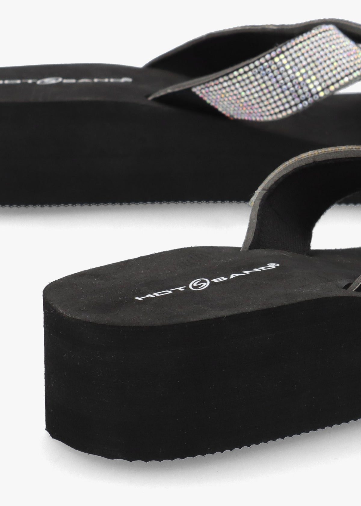 Black Multi Diamante Embellished Cross Strap Low Wedge Flip Flops