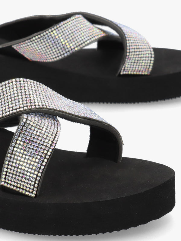 Black Multi Diamante Embellished Cross Strap Low Wedge Flip Flops
