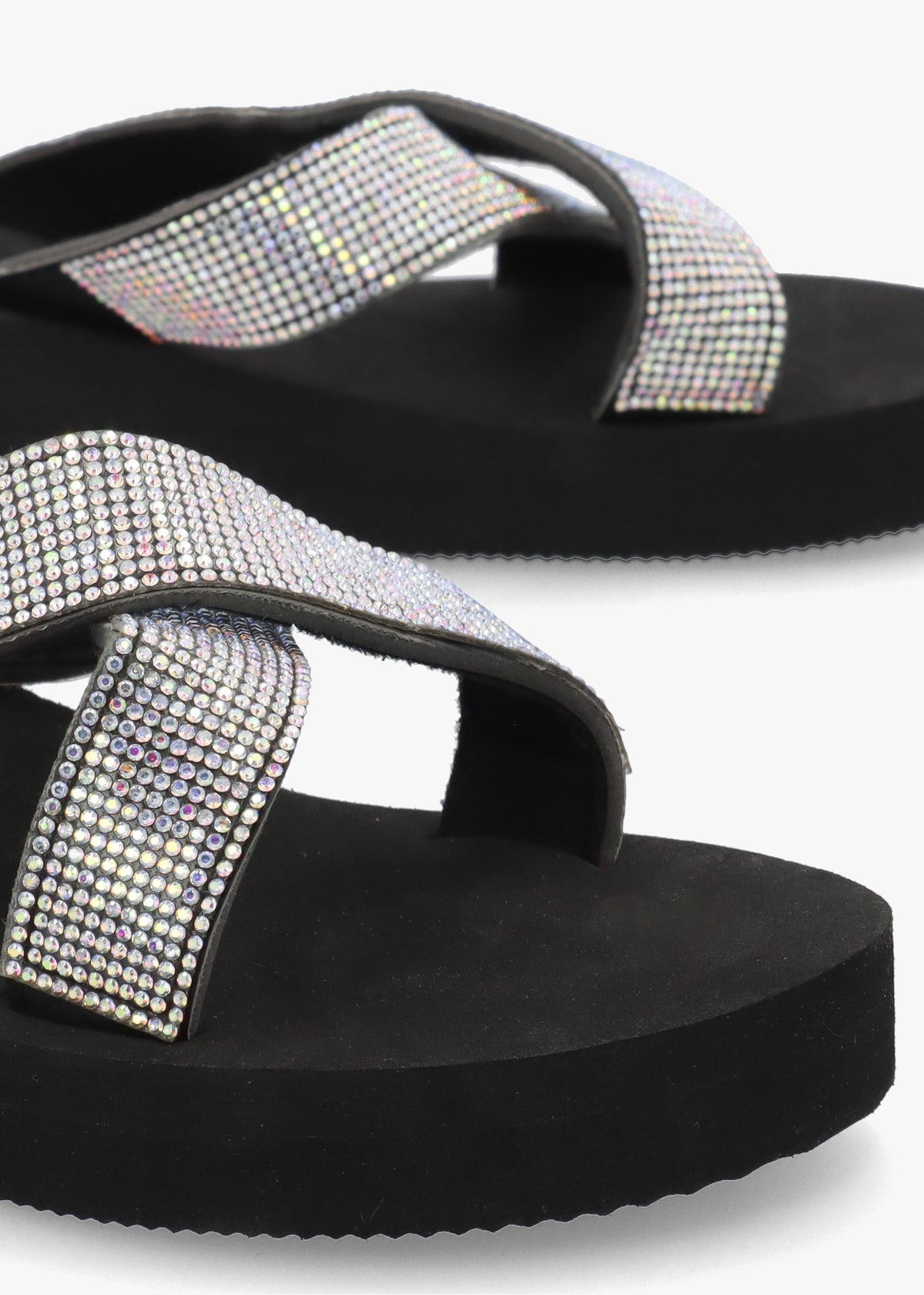 Black Multi Diamante Embellished Cross Strap Low Wedge Flip Flops