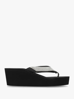 Black Embellished Toe Post Wedge Flip Flops