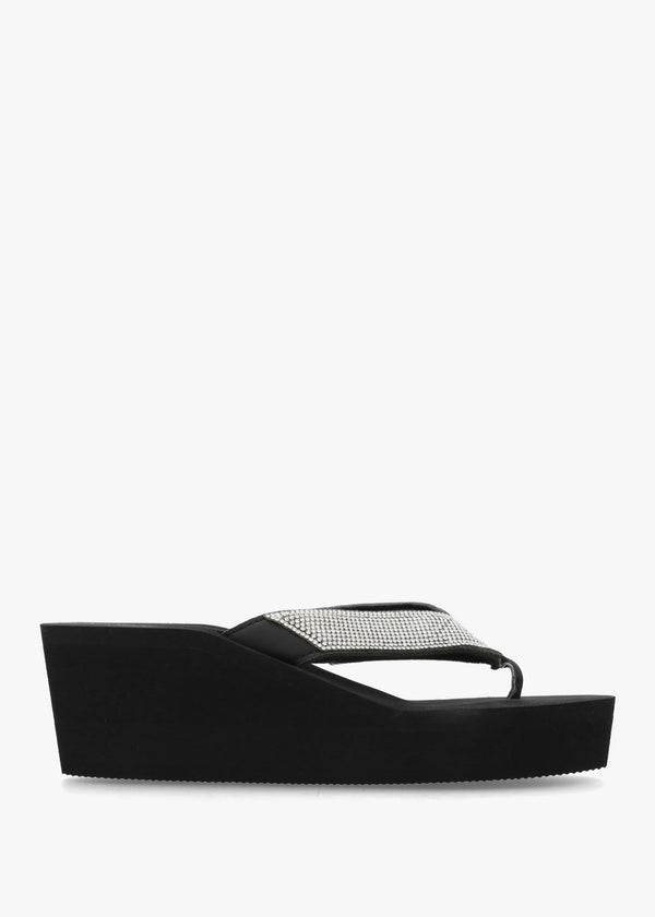 Black Embellished Toe Post Wedge Flip Flops