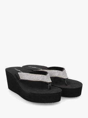 Black Embellished Toe Post Wedge Flip Flops