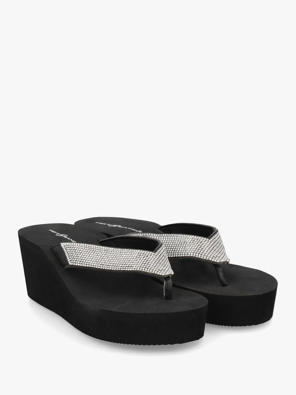 Black Embellished Toe Post Wedge Flip Flops