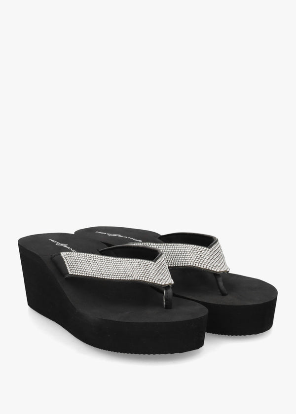 Black Embellished Toe Post Wedge Flip Flops