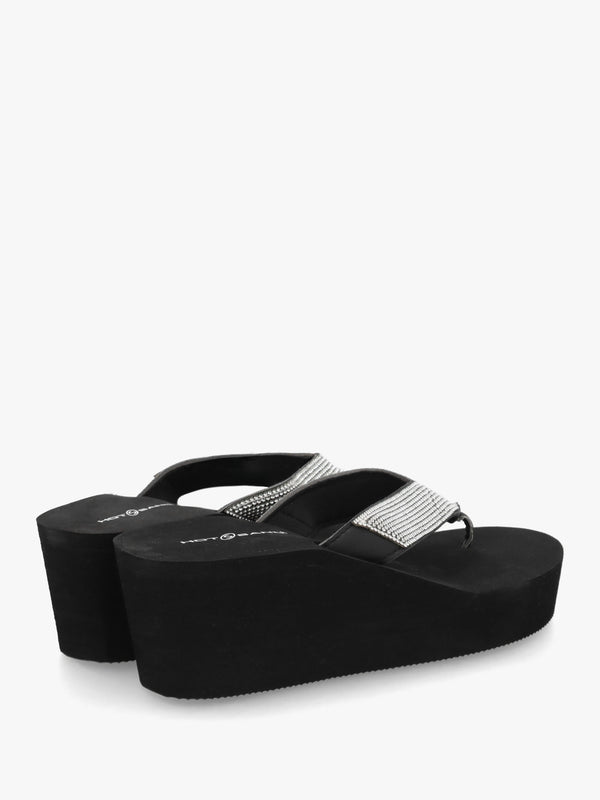 Black Embellished Toe Post Wedge Flip Flops