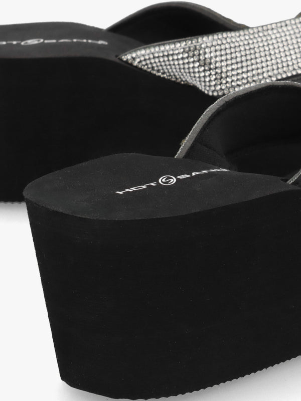 Black Embellished Toe Post Wedge Flip Flops