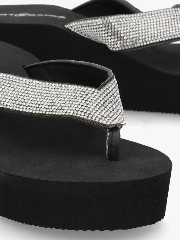 Black Embellished Toe Post Wedge Flip Flops