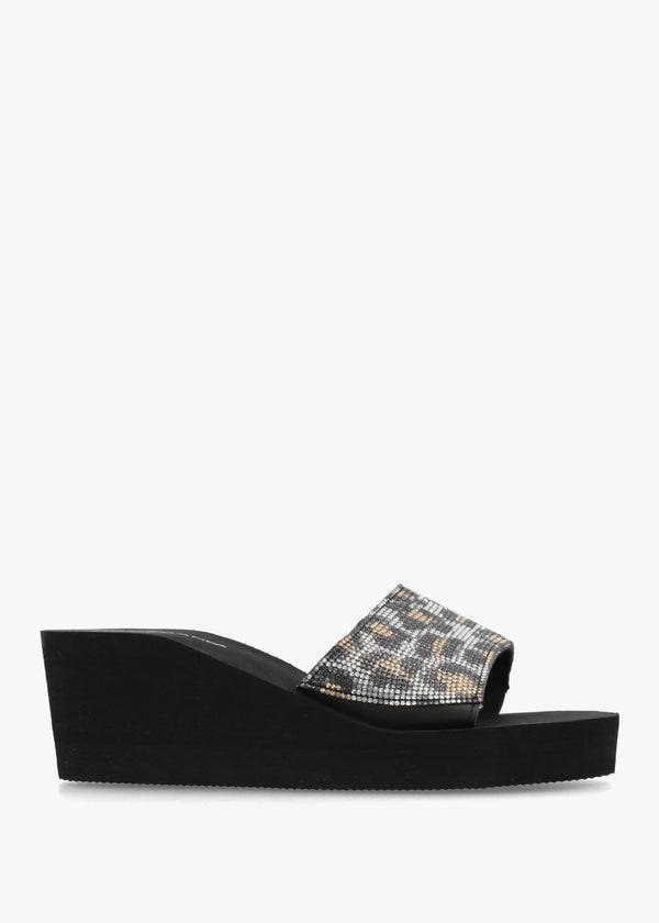 Leopard Diamante Wedge Mules