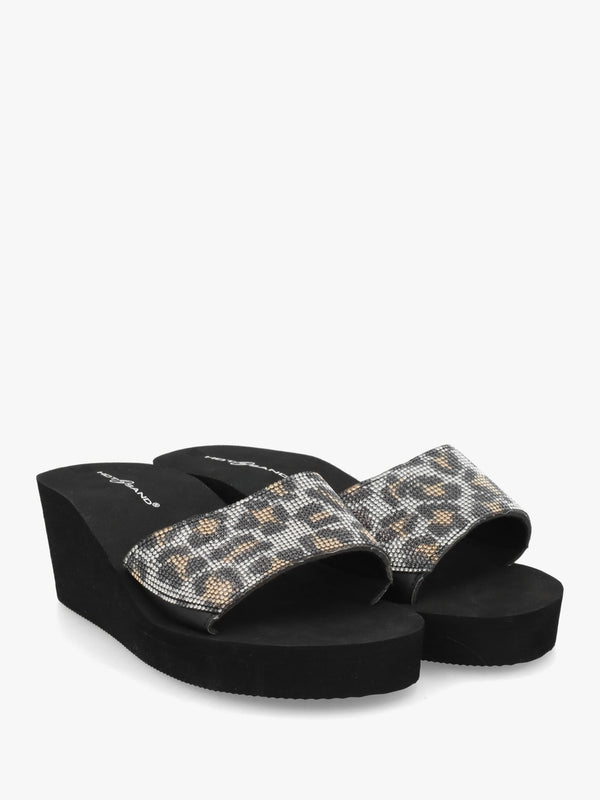 Leopard Diamante Wedge Mules