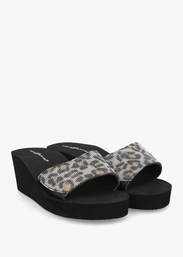 Leopard Diamante Wedge Mules