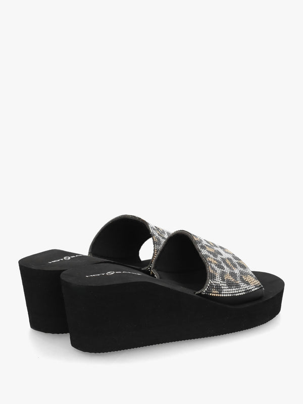 Leopard Diamante Wedge Mules