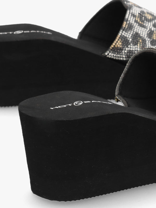 Leopard Diamante Wedge Mules